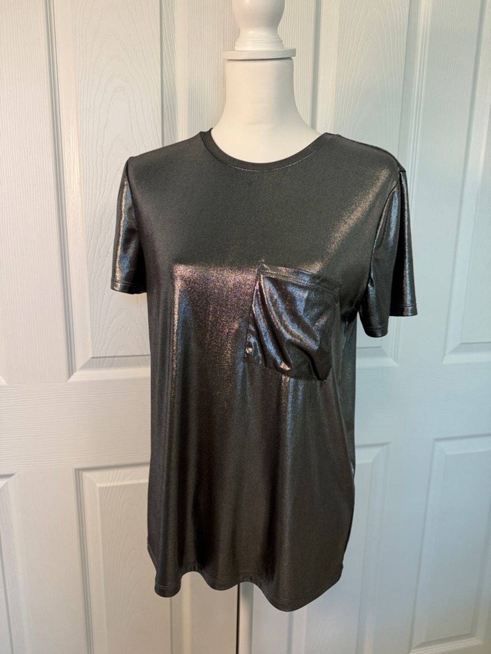 Zara Metallic Silver Black Pocket Tee Y2K Rave Festival Edgy Streetwear Cyber
